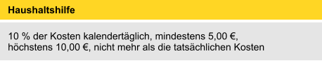 Haushaltshilfe 	 10 % der Kosten kalendertäglich, mindestens 5,00 €, höchstens 10,00 €, nicht mehr als die tatsächlichen Kosten